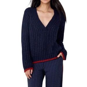 La Ligne Sweater Neutral Pullover Knit Navy Fuzzy Wuzzy V-Neck New Size Small
